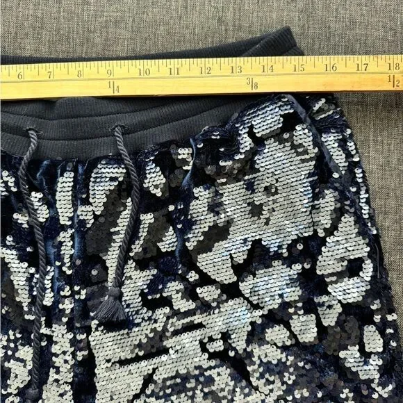 Anthropologie ett:twa Sequin Velvet Joggers Holiday Sparkle navy blue Medium M - Picture 9 of 16